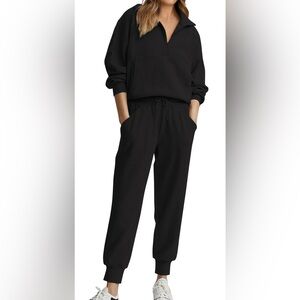 Black 2 Piece Sweatsuit- Long Sleeve Half Zip Pullover Lounge Suit
